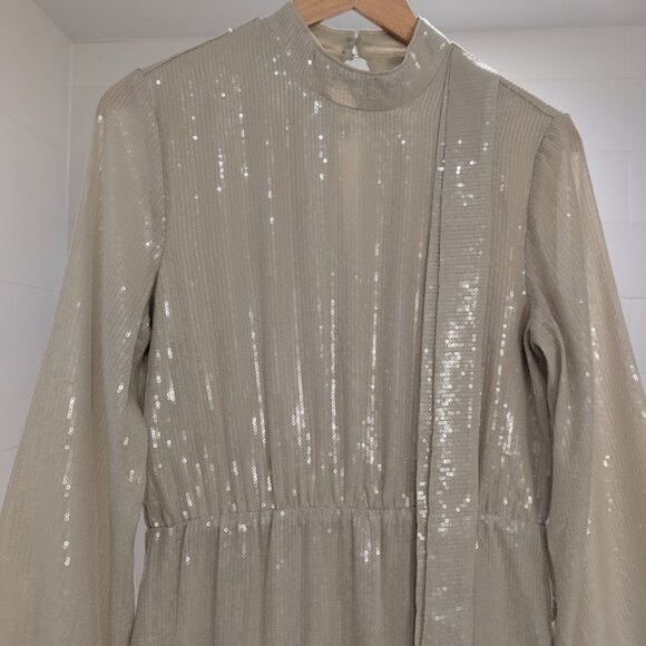 Elegant Champagne Sequin Midi Dress Long Sleeve Premium Style - Picture 10 of 13